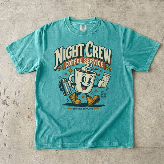 Night Crew Coffee Service T-shirt in Seafoam, Comfort Colors 1717 front view