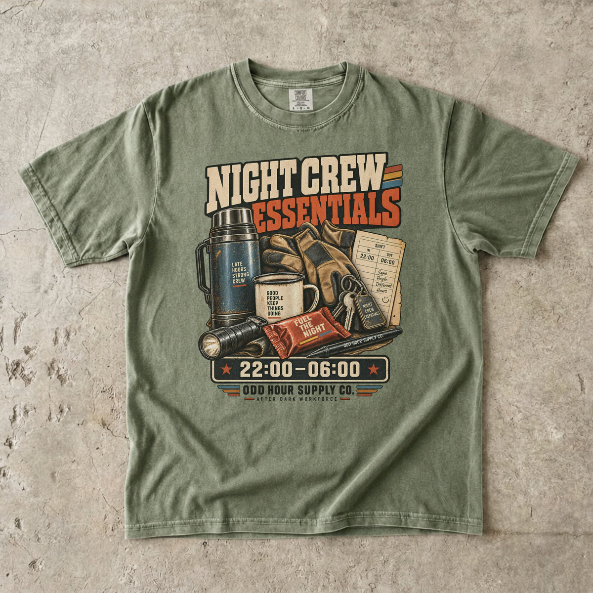 Night Crew Essentials T-shirt in Hemp, Comfort Colors 1717 front view