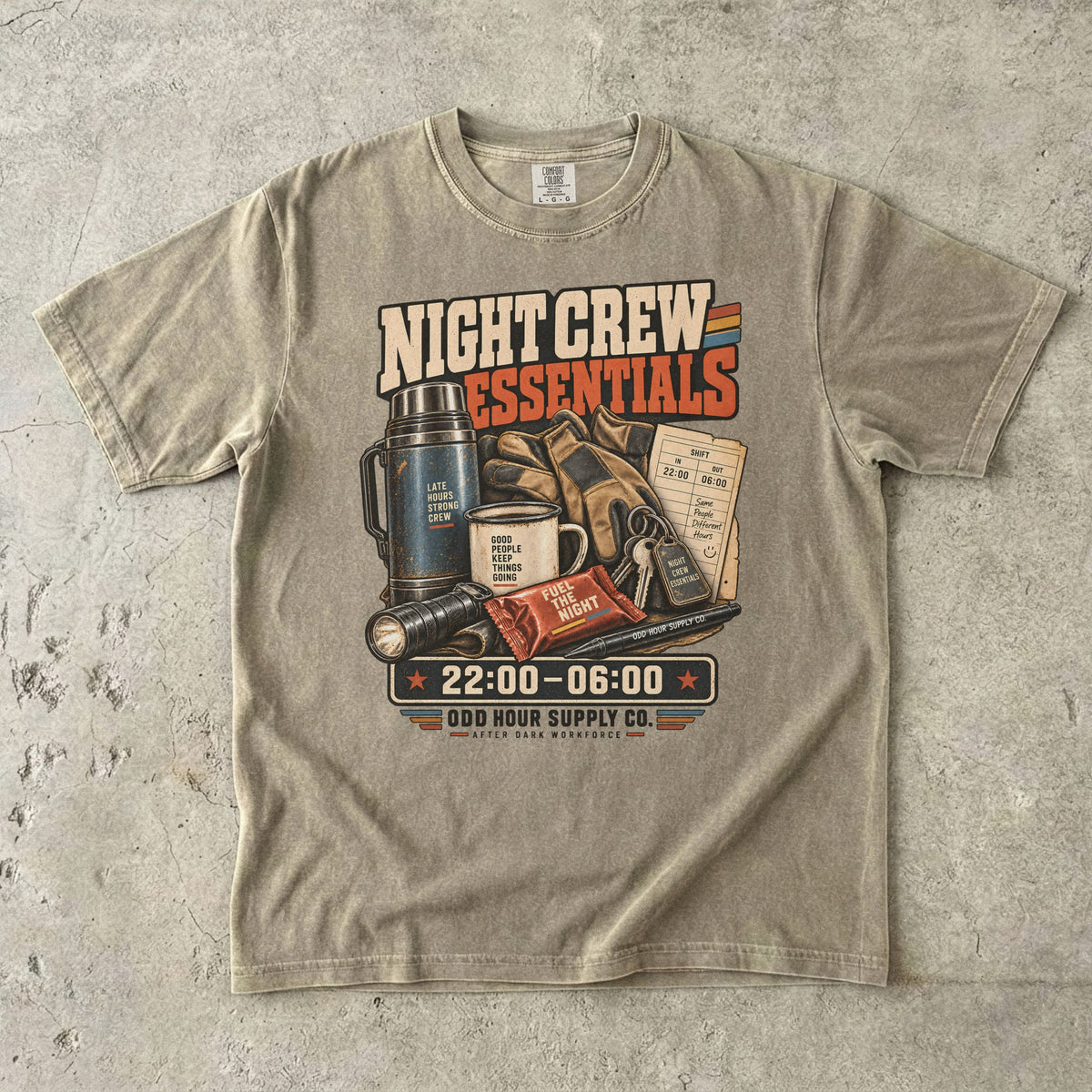 Night Crew Essentials T-shirt in Khaki, Comfort Colors 1717 front view