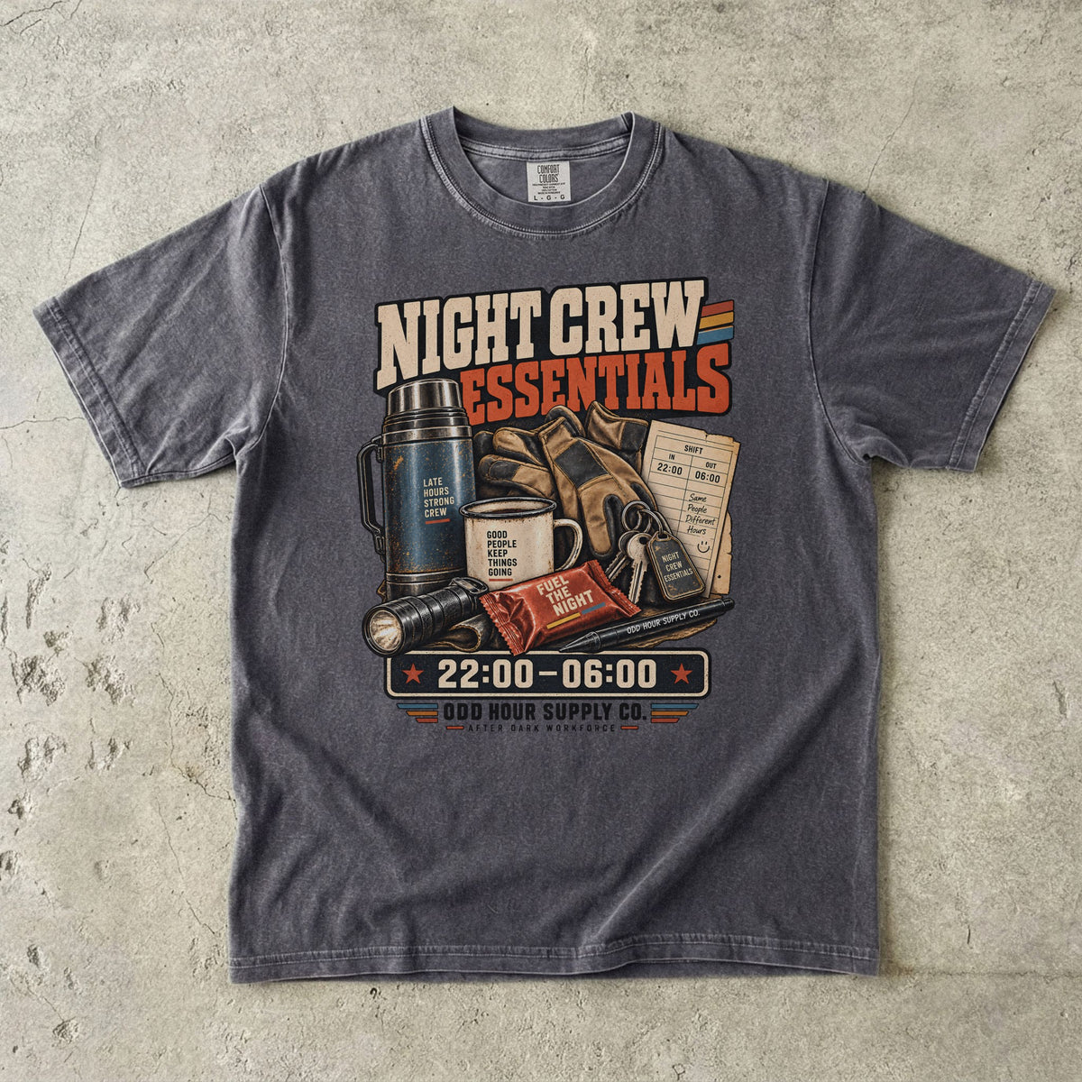 Night Crew Essentials T-shirt in Pepper, Comfort Colors 1717 front view
