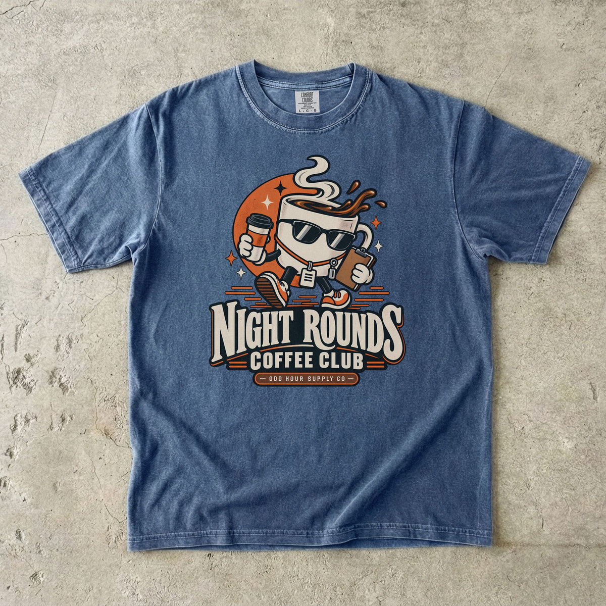 Night Rounds Coffee Club retro coffee mascot on a Denim Comfort Colors T-shirt