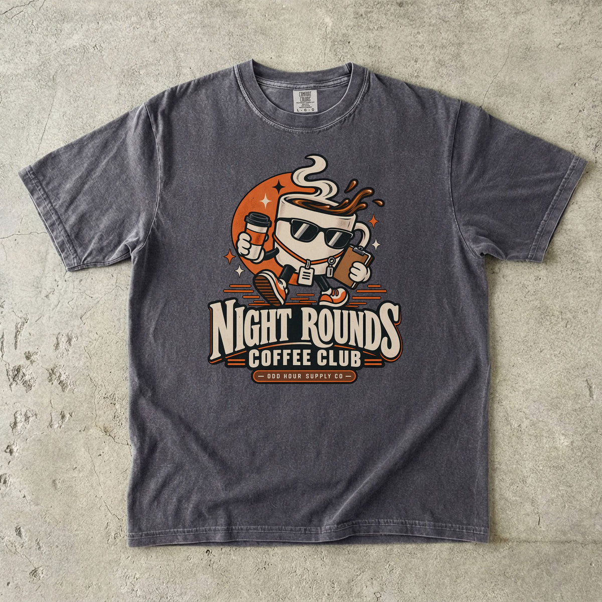 Night Rounds Coffee Club retro coffee mascot on a Pepper Comfort Colors T-shirt
