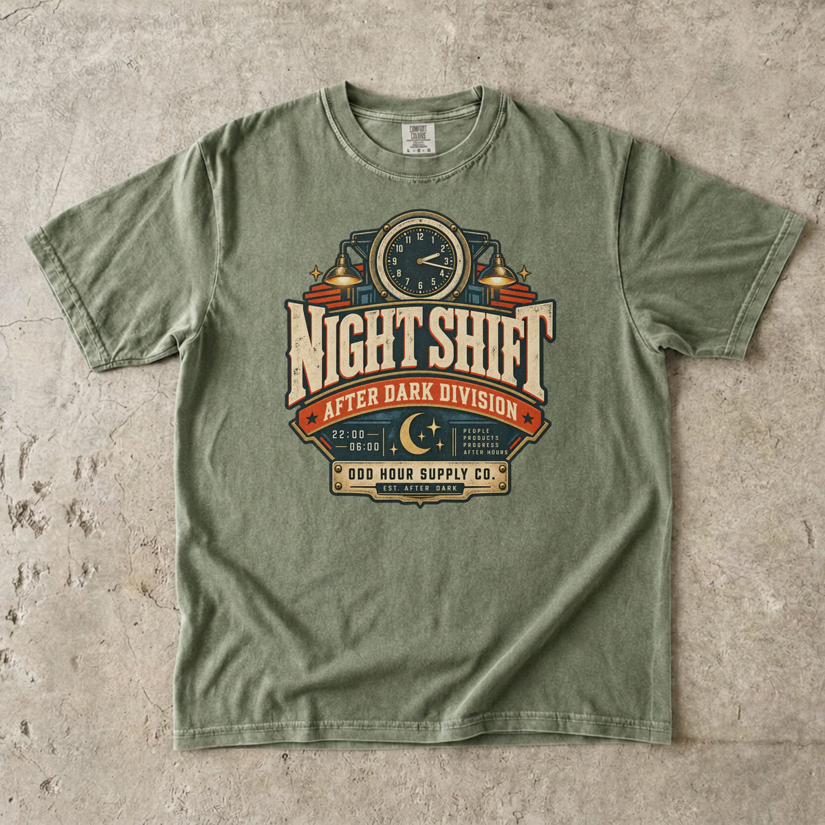 Night Shift After Dark Division T-shirt in Hemp, Comfort Colors 1717 front view