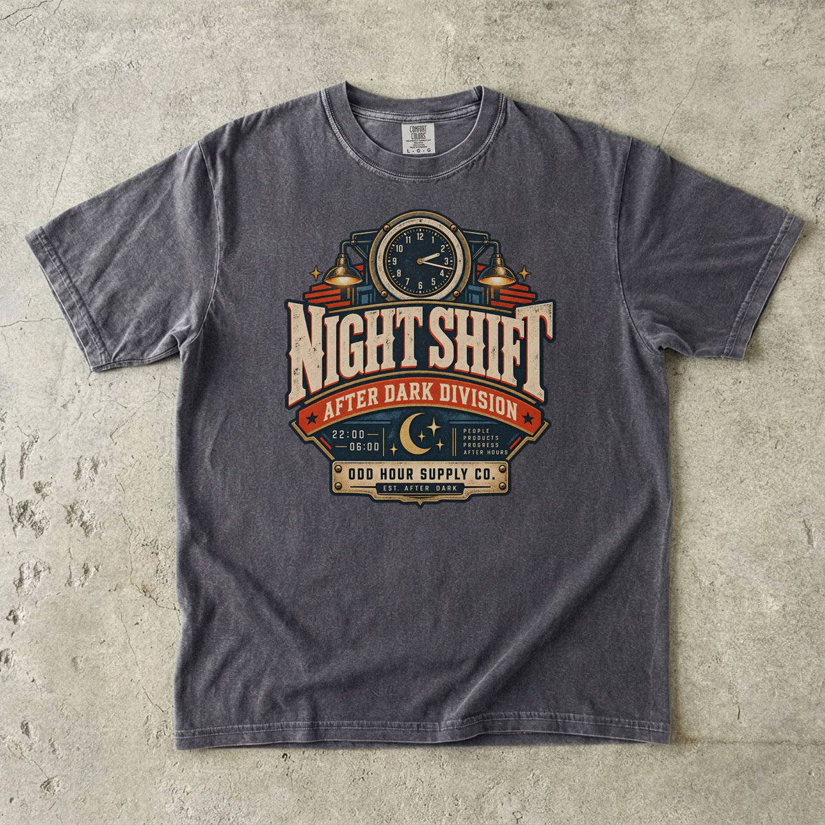 Night Shift After Dark Division T-shirt in Pepper, Comfort Colors 1717 front view
