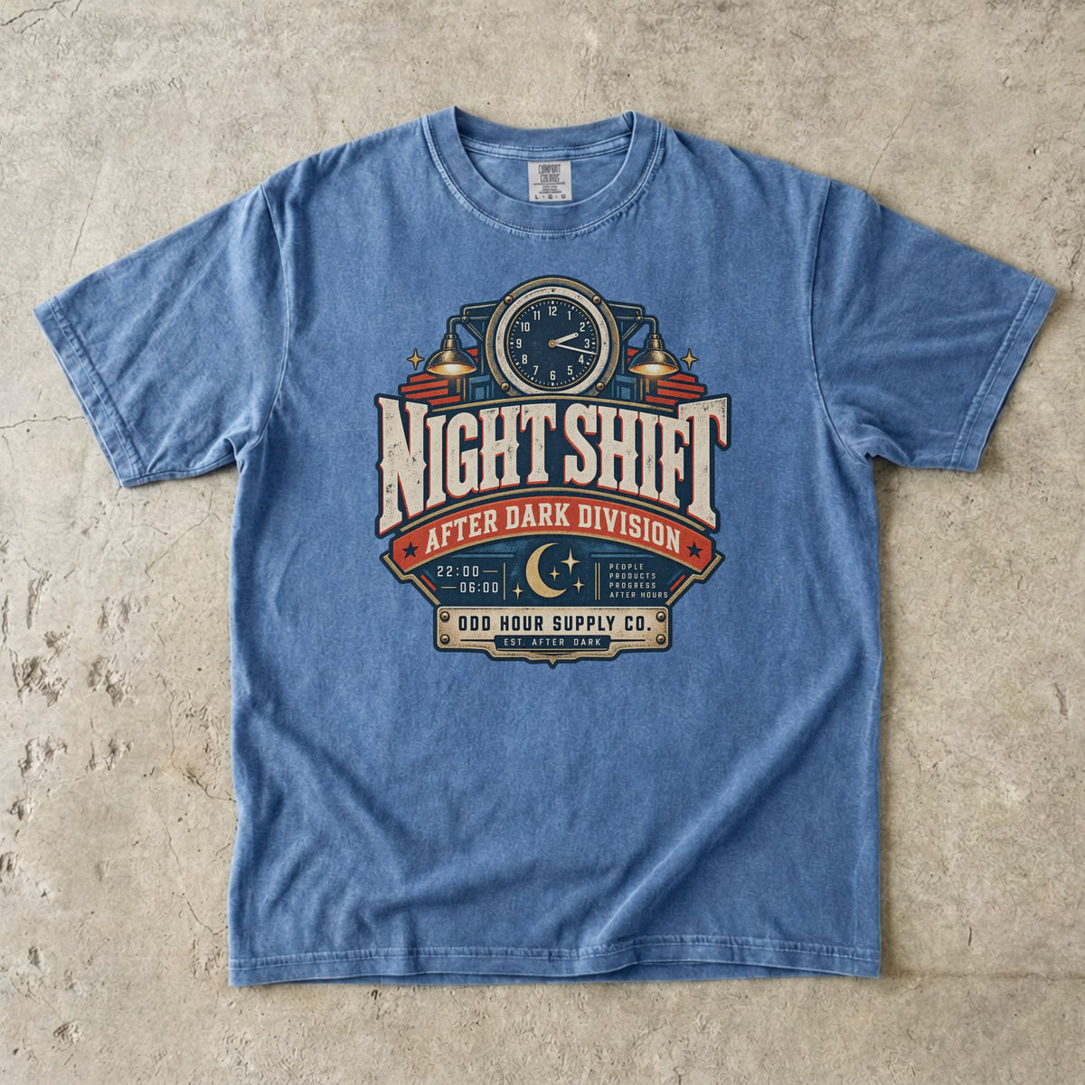 Night Shift After Dark Division T-shirt in Washed Denim, Comfort Colors 1717 front view