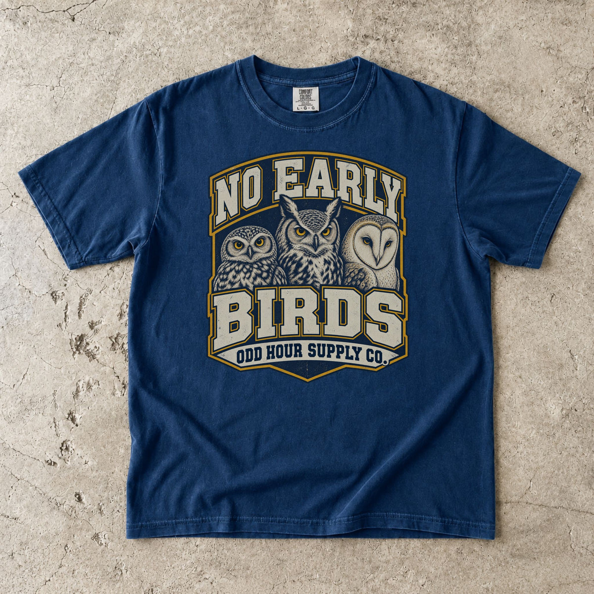 Navy Comfort Colors 1717 T-shirt with the No Early Birds graphic, front view