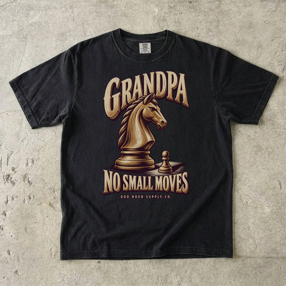 Black T-shirt with GRANDPA NO SMALL MOVES, a golden chess knight and pawn by Odd Hour Supply Co.