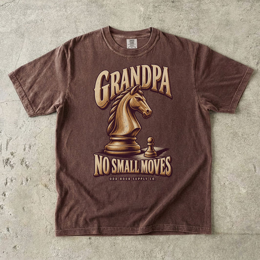 Espresso T-shirt with GRANDPA NO SMALL MOVES, a golden chess knight and pawn by Odd Hour Supply Co.