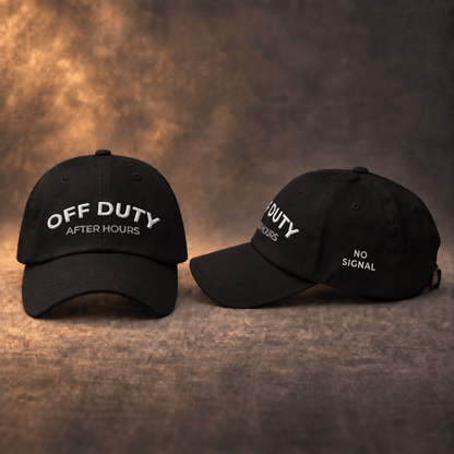 Black baseball cap with OFF DUTY embroidery, front and side view