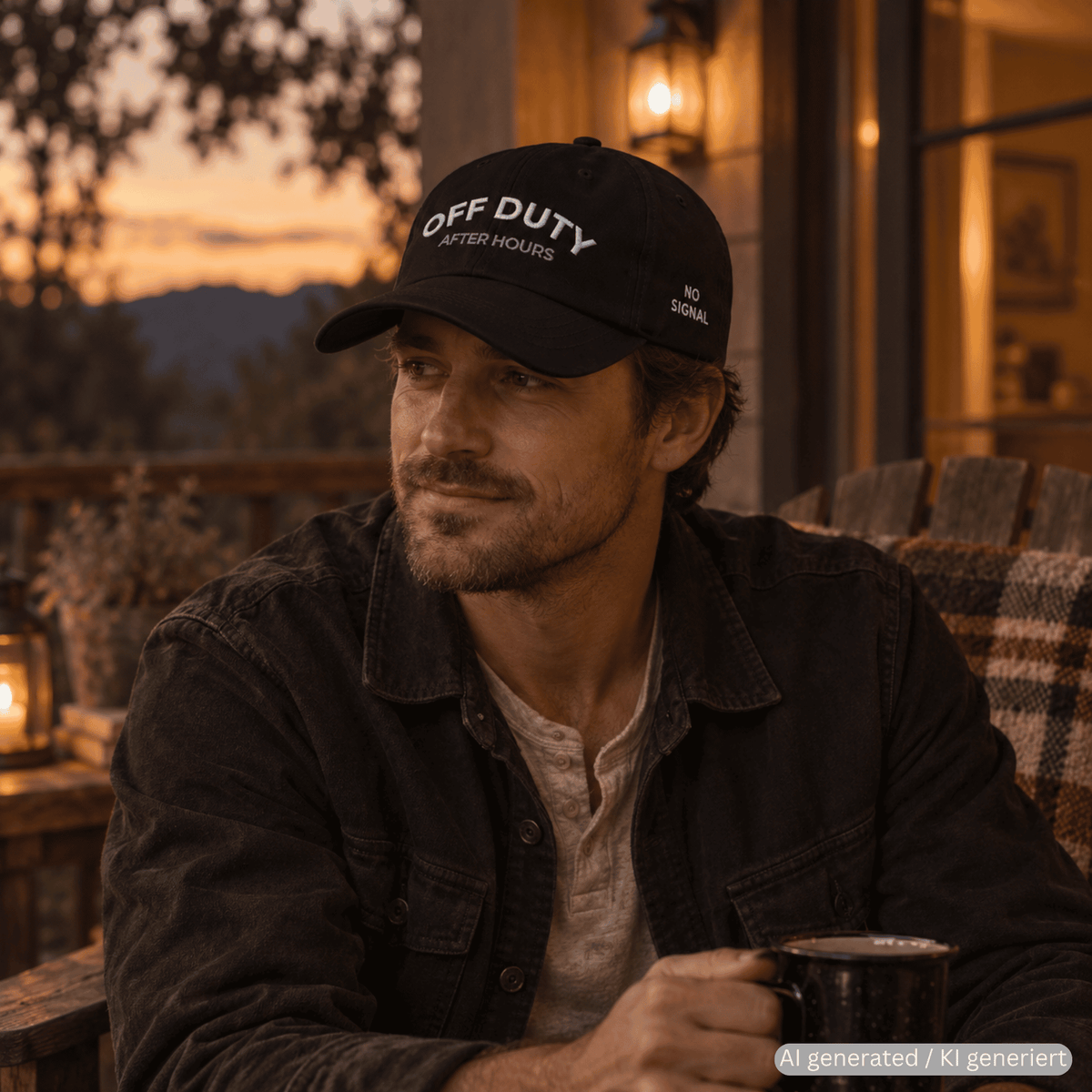 Person wearing black baseball cap with OFF DUTY embroidery