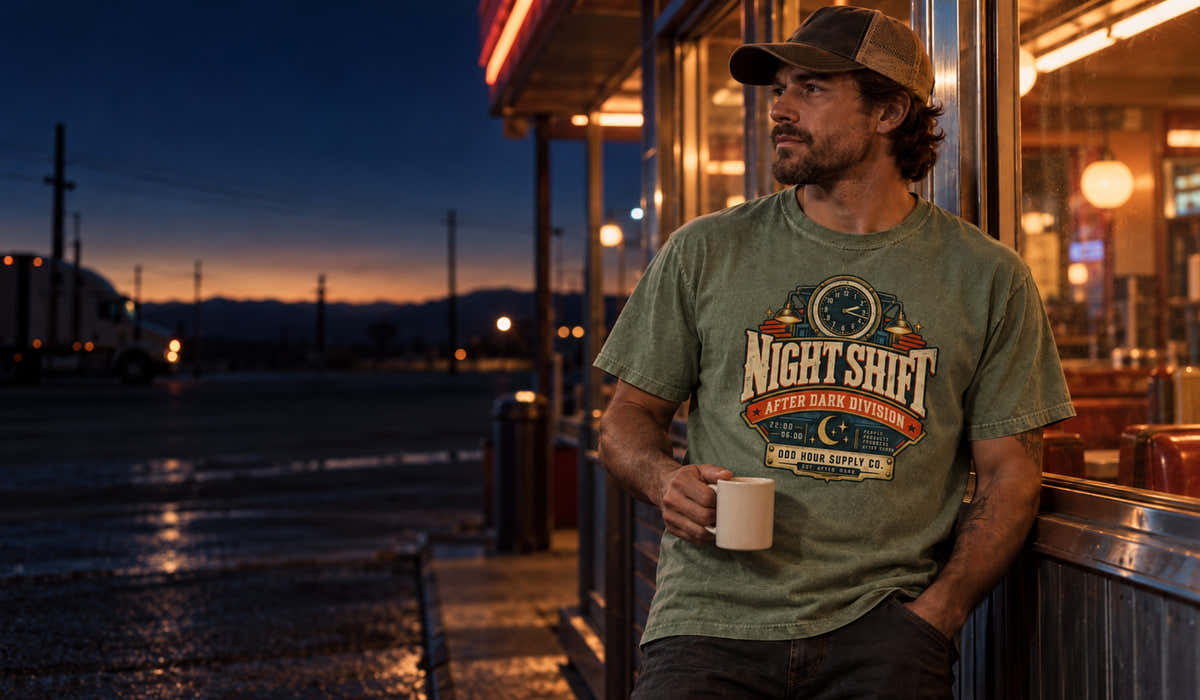 Person wearing a green Odd Hour Supply Night Shift T-shirt outside a diner at night