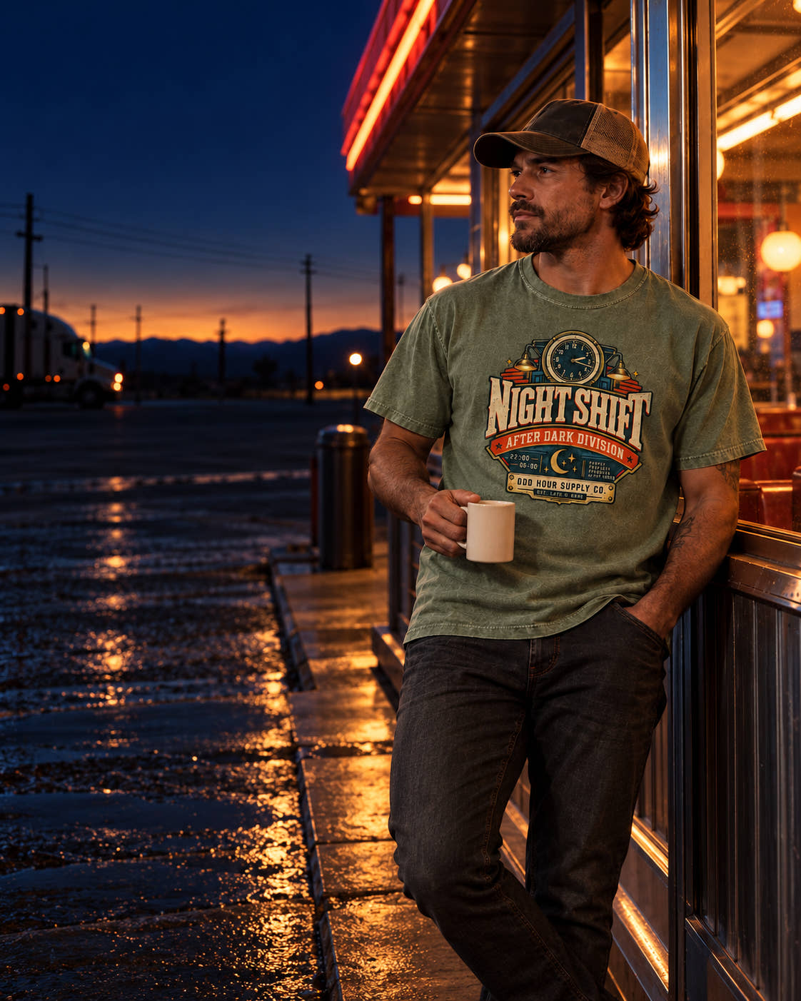 Person wearing a green Odd Hour Supply Night Shift T-shirt outside a diner at night