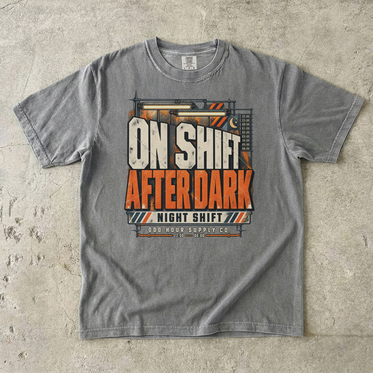 On Shift After Dark T-shirt in Granite, Comfort Colors 1717 front view