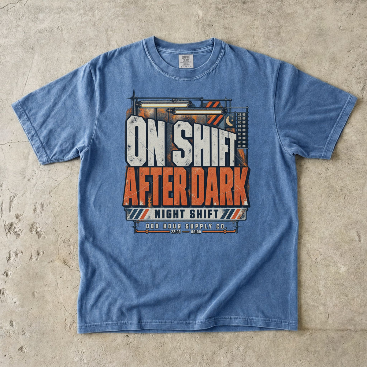 On Shift After Dark T-shirt in Washed Denim, Comfort Colors 1717 front view