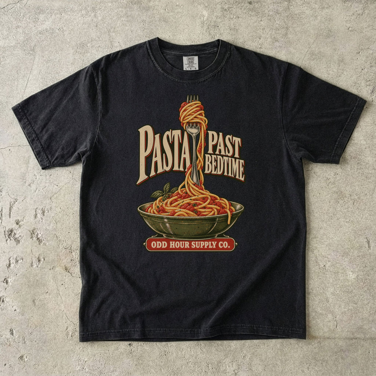 Black Comfort Colors 1717 T-shirt with the Pasta Past Bedtime graphic, front view