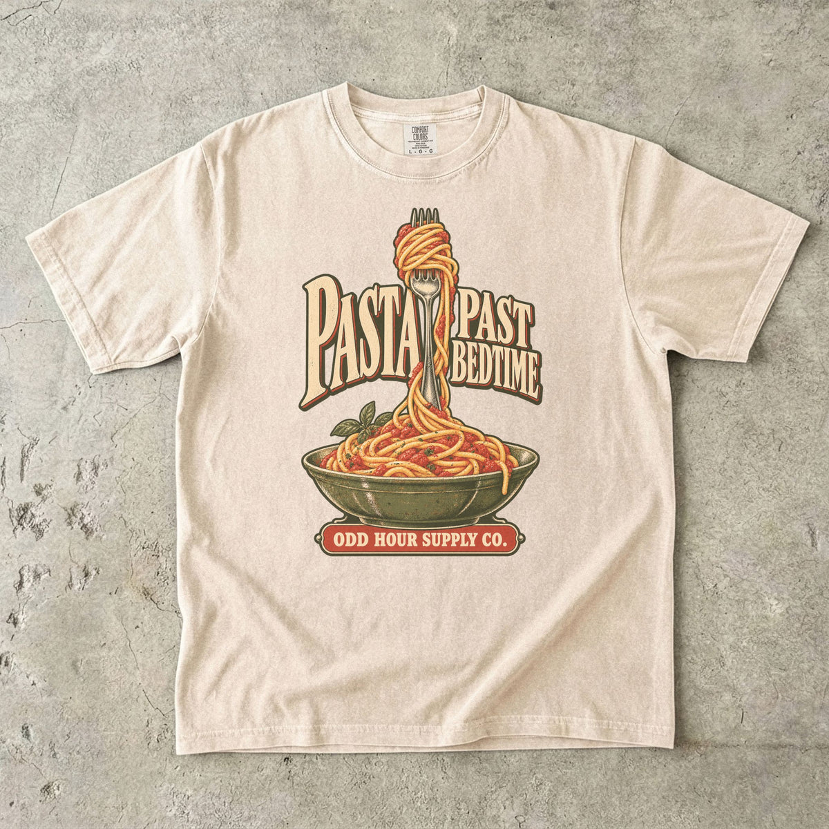 Ivory Comfort Colors 1717 T-shirt with the Pasta Past Bedtime graphic, front view