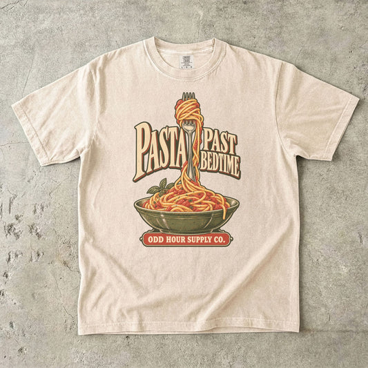 Ivory Comfort Colors 1717 T-shirt with the Pasta Past Bedtime graphic, front view