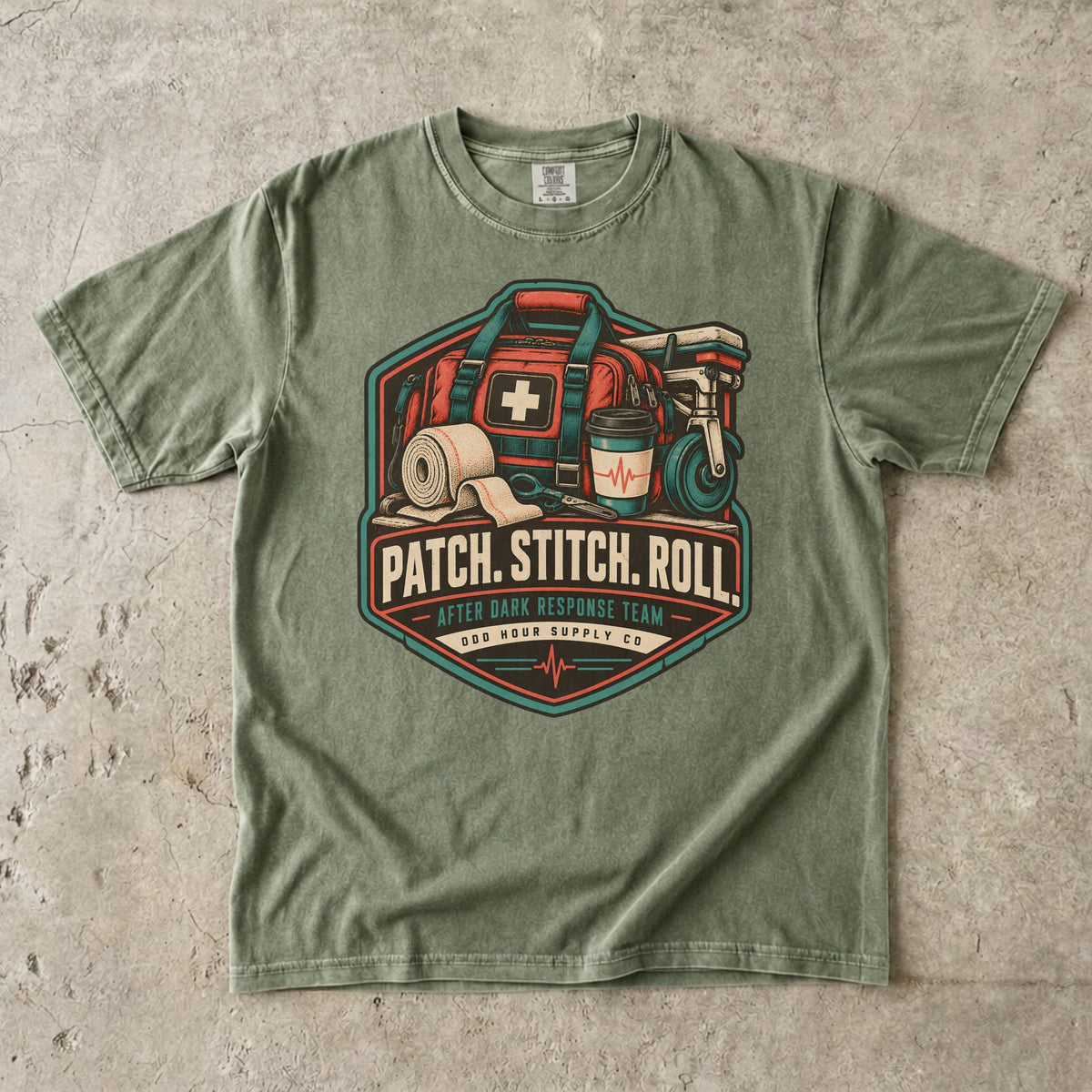 Hemp Comfort Colors 1717 T-shirt with Patch Stitch Roll badge, coral medical bag, bandages, coffee cup and teal details.