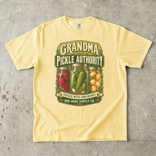 Butter Comfort Colors 1717 T-shirt with jars of pickles, beets, and onions, plus Grandma Pickle Authority and Sealed with Confidence lettering.