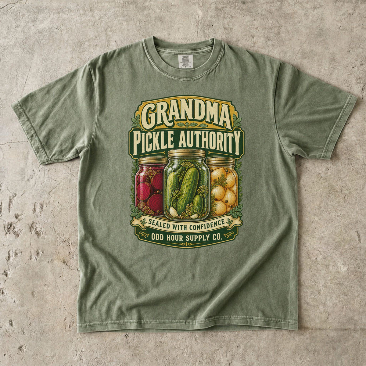 Hemp Comfort Colors 1717 T-shirt with jars of pickles, beets, and onions, plus Grandma Pickle Authority and Sealed with Confidence lettering.