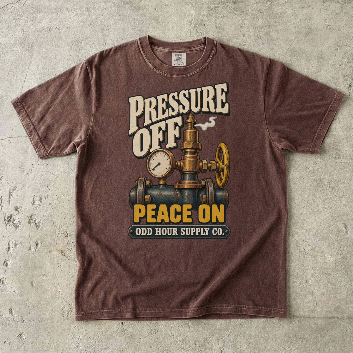 Espresso T-shirt with a brass valve, pressure gauge and PRESSURE OFF PEACE ON artwork by Odd Hour Supply Co.