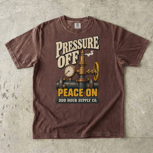 Espresso T-shirt with a brass valve, pressure gauge and PRESSURE OFF PEACE ON artwork by Odd Hour Supply Co.