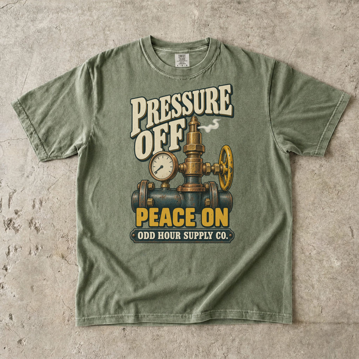 Hemp T-shirt with a brass valve, pressure gauge and PRESSURE OFF PEACE ON artwork by Odd Hour Supply Co.