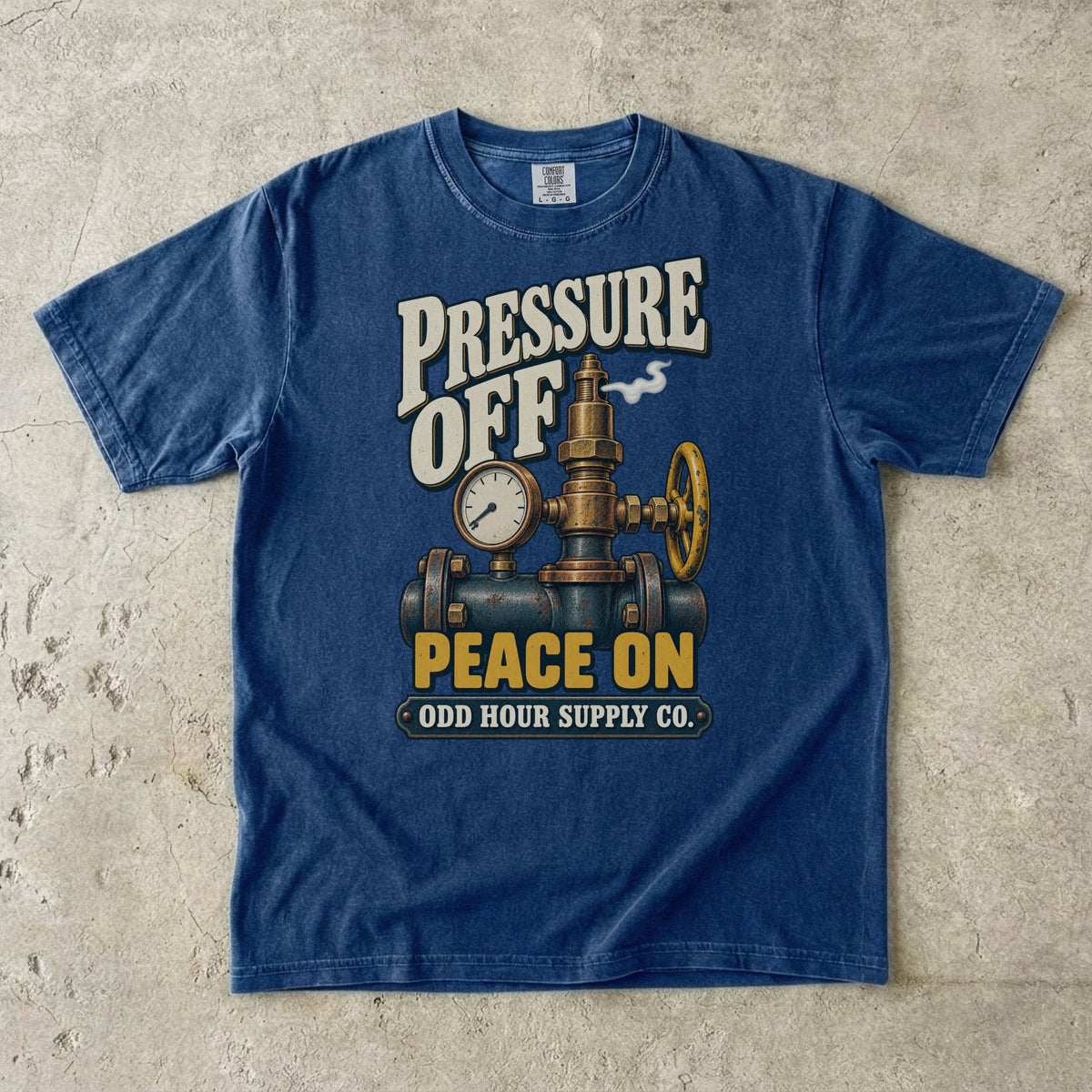 True Navy T-shirt with a brass valve, pressure gauge and PRESSURE OFF PEACE ON artwork by Odd Hour Supply Co.