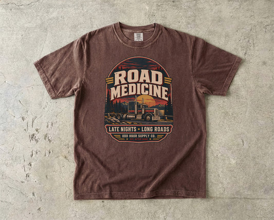 Road Medicine vintage badge T-shirt in Espresso, Comfort Colors 1717 front view