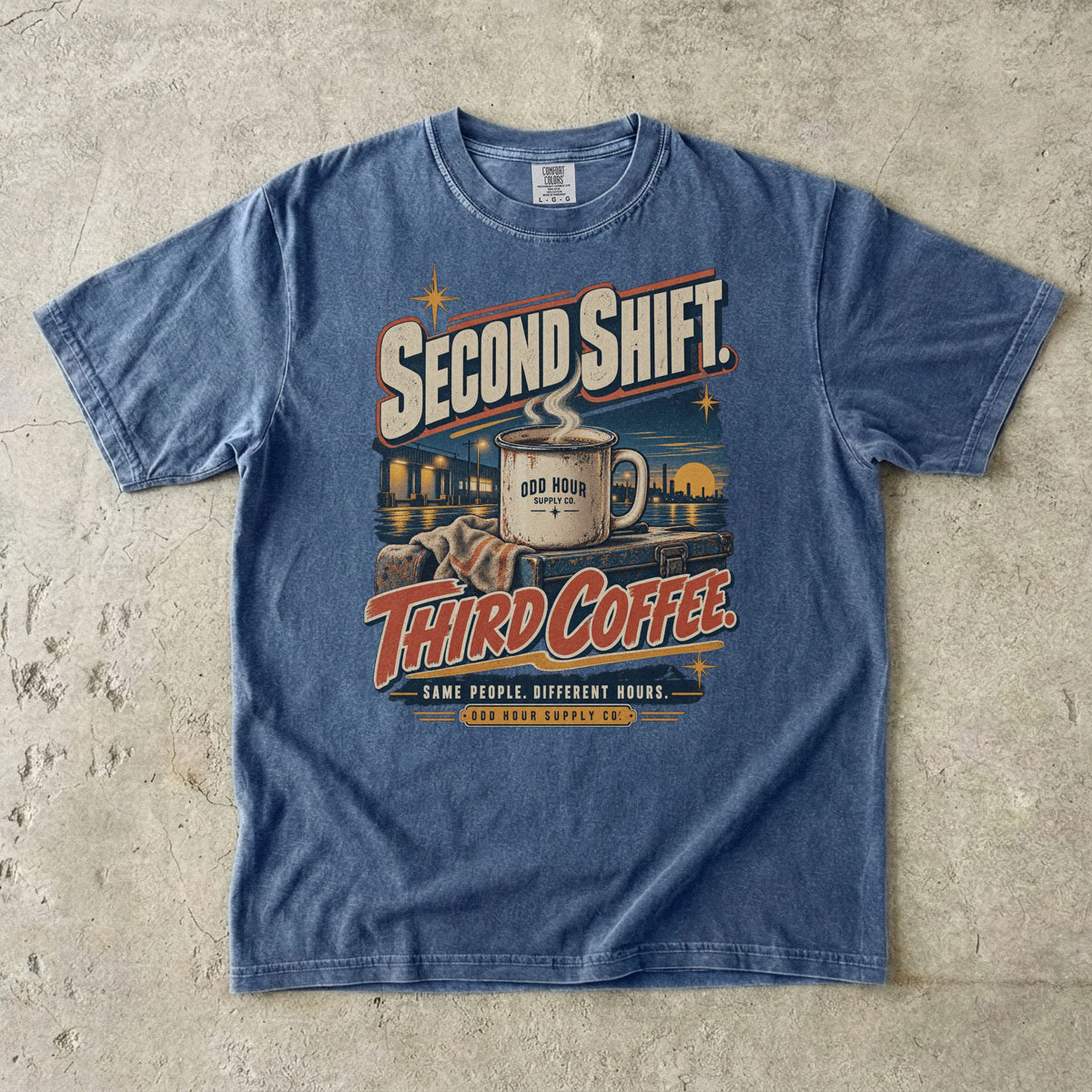 Second Shift Third Coffee T-shirt in Denim, Comfort Colors 1717 front view