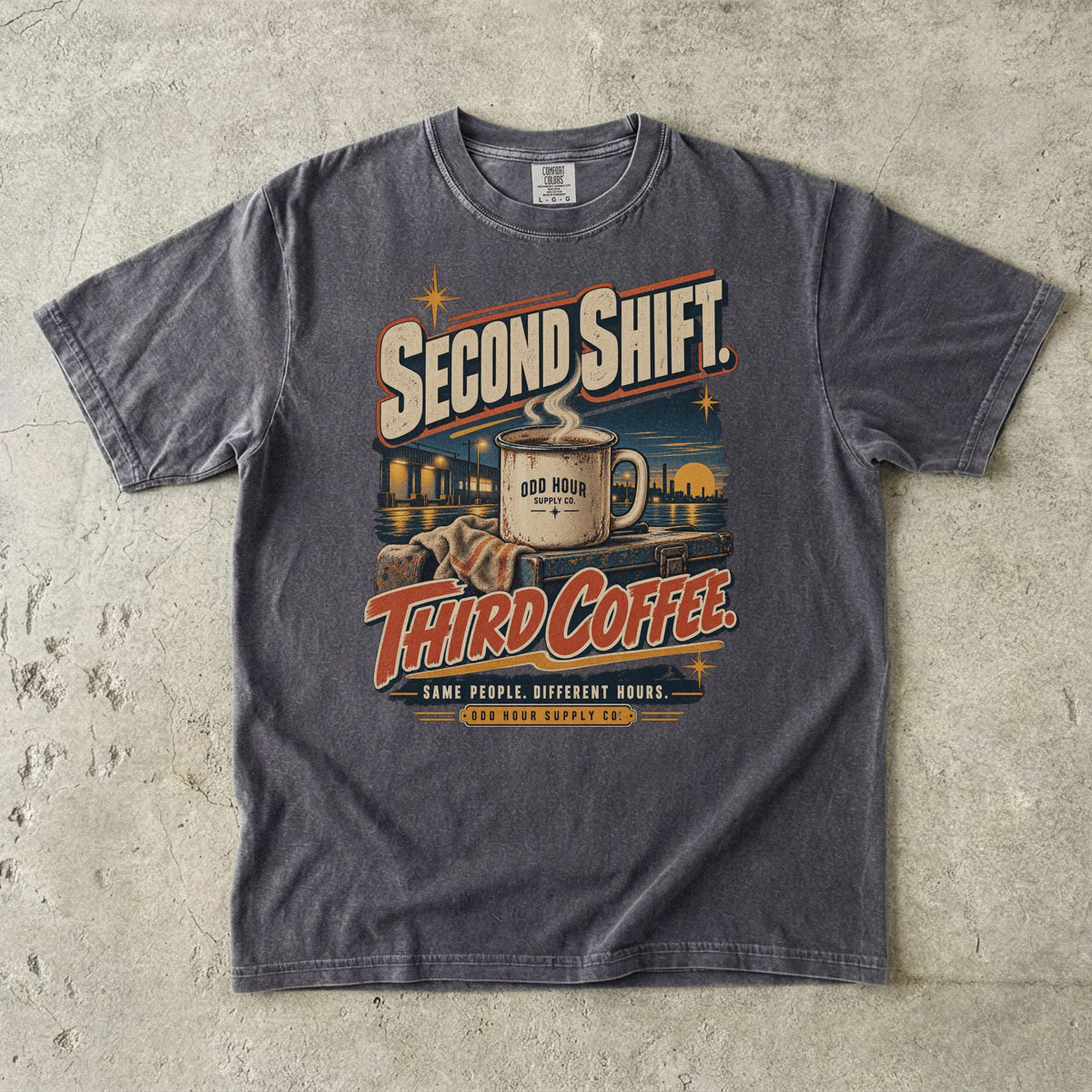 Second Shift Third Coffee T-shirt in Pepper, Comfort Colors 1717 front view