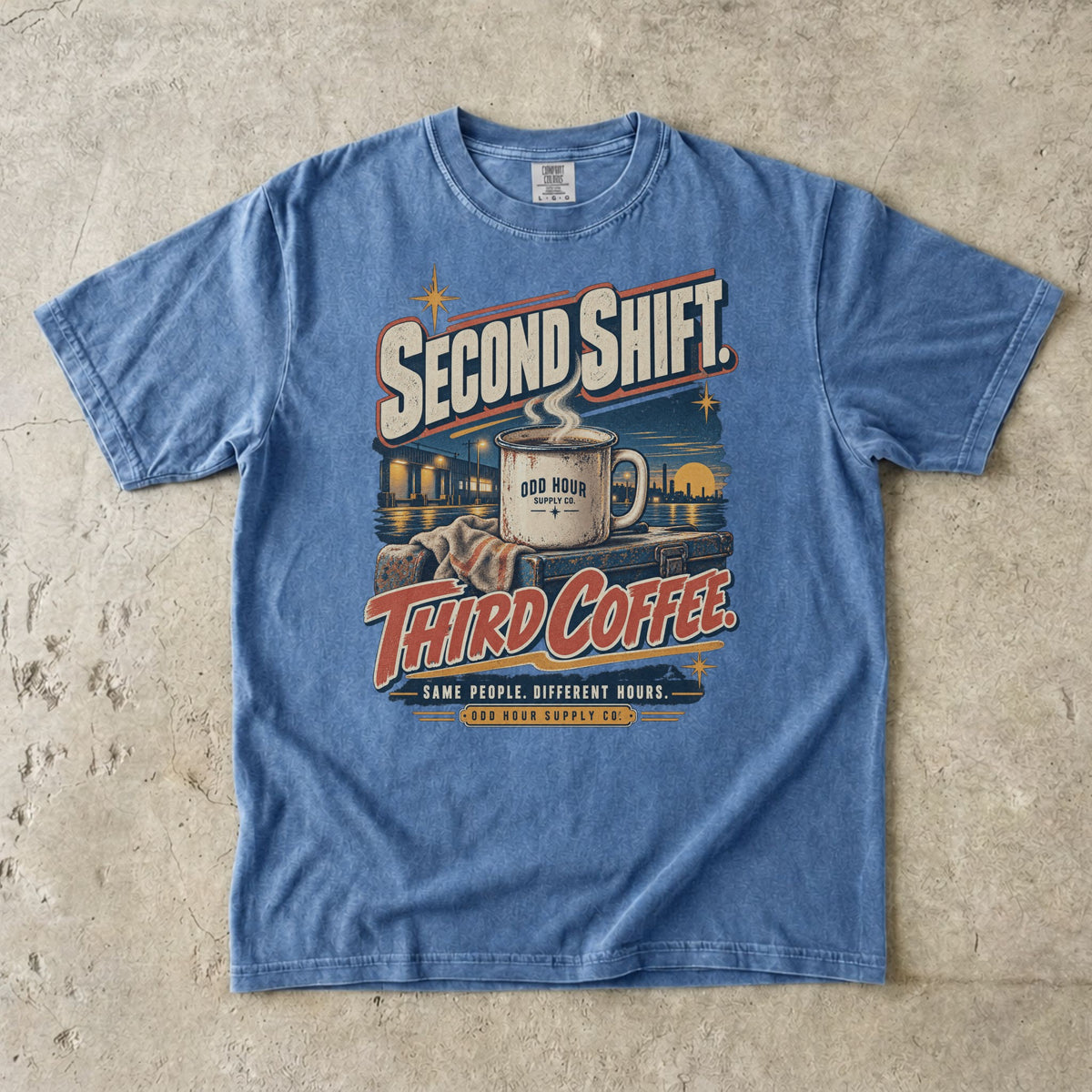 Second Shift Third Coffee T-shirt in Washed Denim, Comfort Colors 1717 front view
