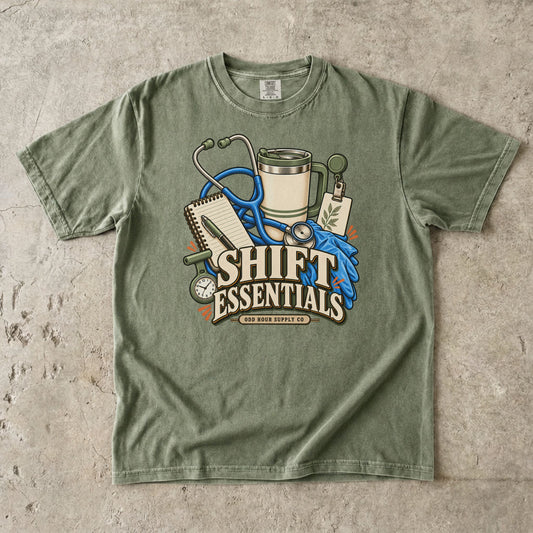 Shift Essentials healthcare gear graphic on a Hemp Comfort Colors 1717 T-shirt