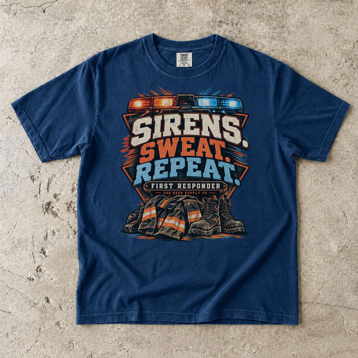 Navy Comfort Colors 1717 T-shirt with Sirens Sweat Repeat front graphic, emergency lights, turnout jacket and firefighter boots.