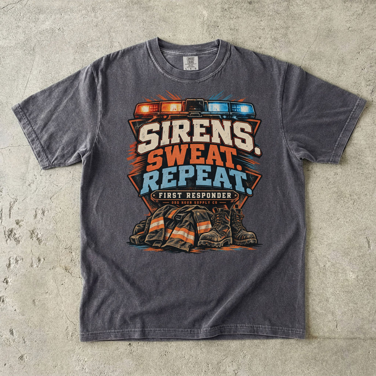 Pepper Comfort Colors 1717 T-shirt with Sirens Sweat Repeat front graphic, emergency lights, turnout jacket and firefighter boots.