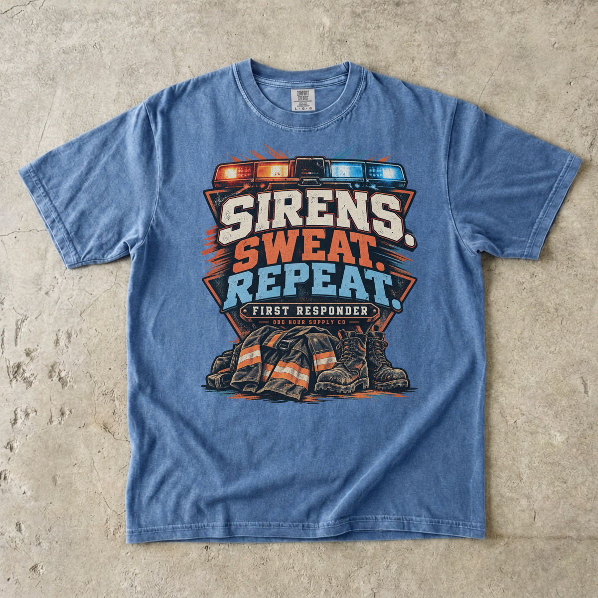 Washed Denim Comfort Colors 1717 T-shirt with Sirens Sweat Repeat front graphic, emergency lights, turnout jacket and firefighter boots.