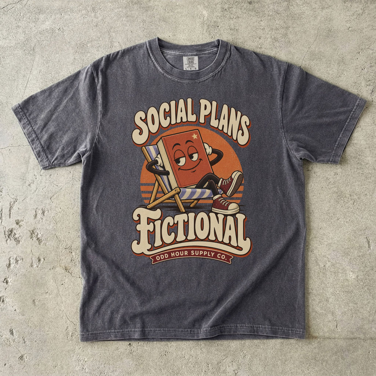 Pepper T-shirt featuring a lounging book character and SOCIAL PLANS FICTIONAL by Odd Hour Supply Co.