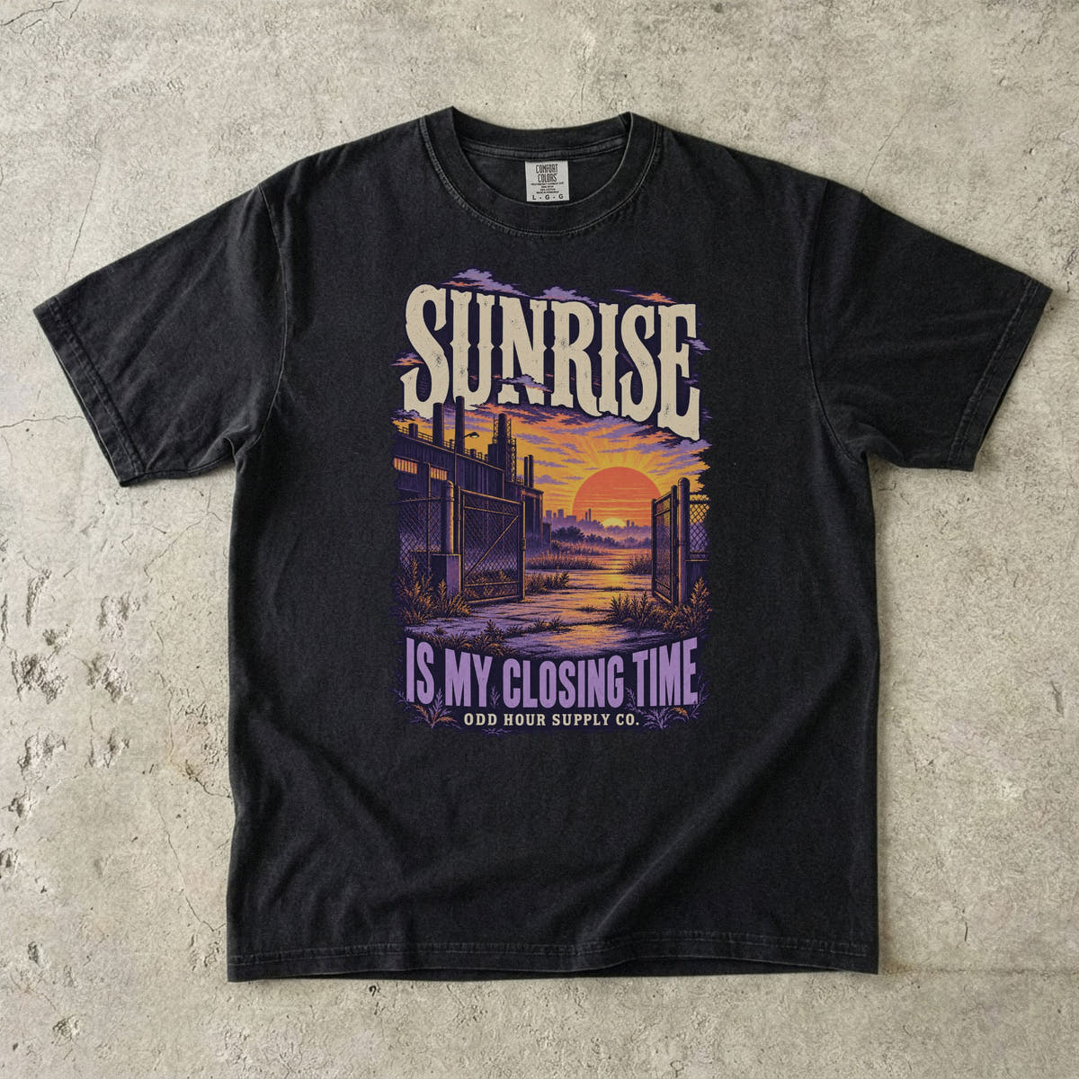 Black T-shirt with a purple and orange sunrise and SUNRISE IS MY CLOSING TIME by Odd Hour Supply Co.