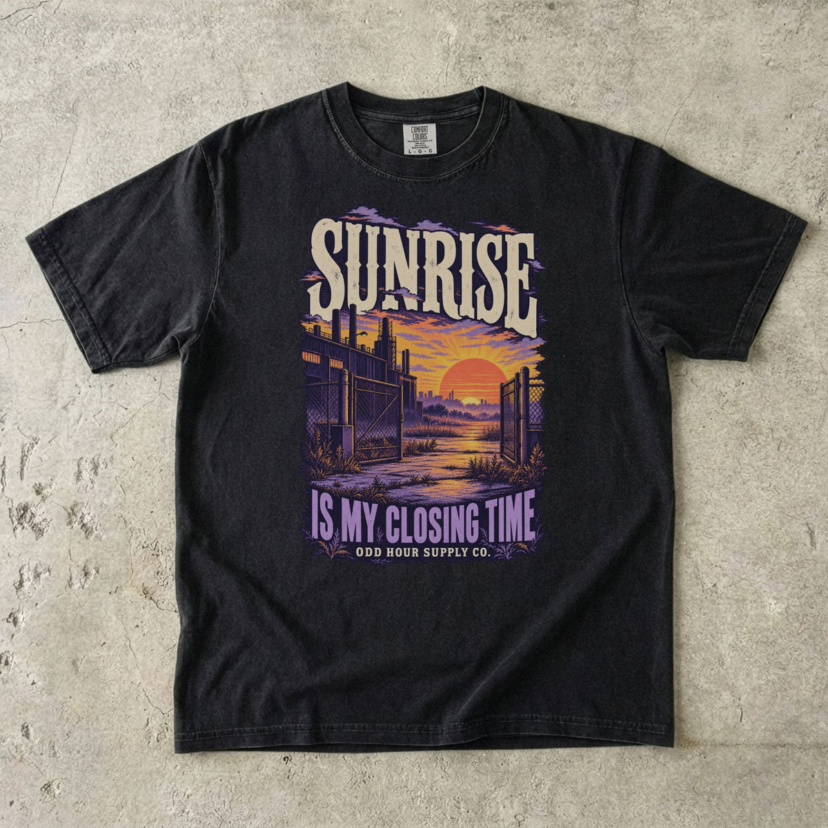 Black T-shirt with a purple and orange sunrise and SUNRISE IS MY CLOSING TIME by Odd Hour Supply Co.
