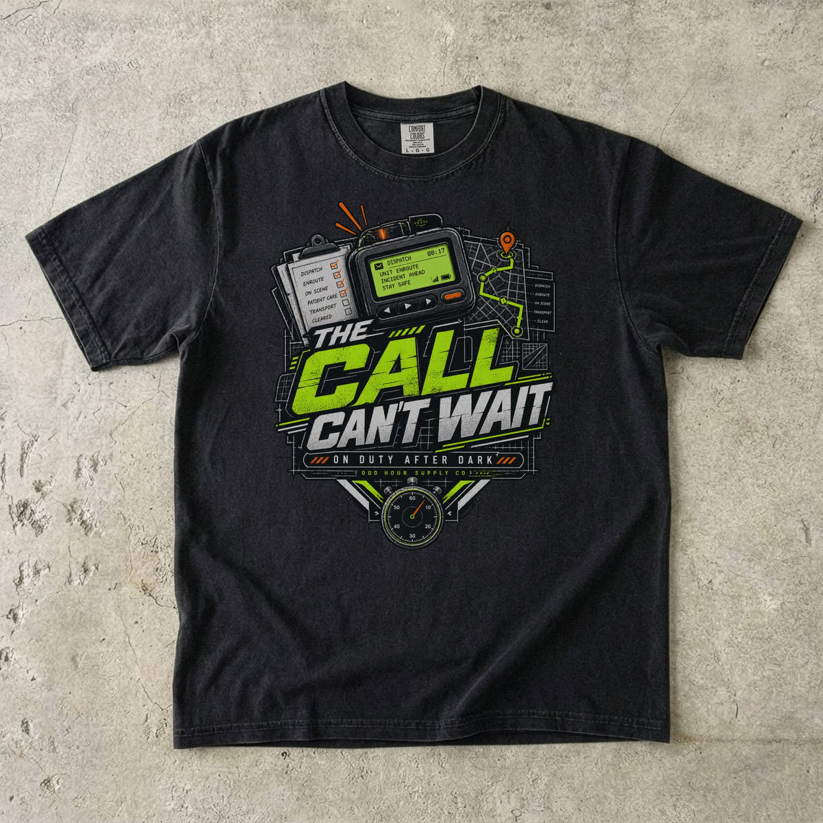 Black Comfort Colors 1717 T-shirt with The Call Can't Wait graphic, lime-green lettering, dispatch device, route map and stopwatch.