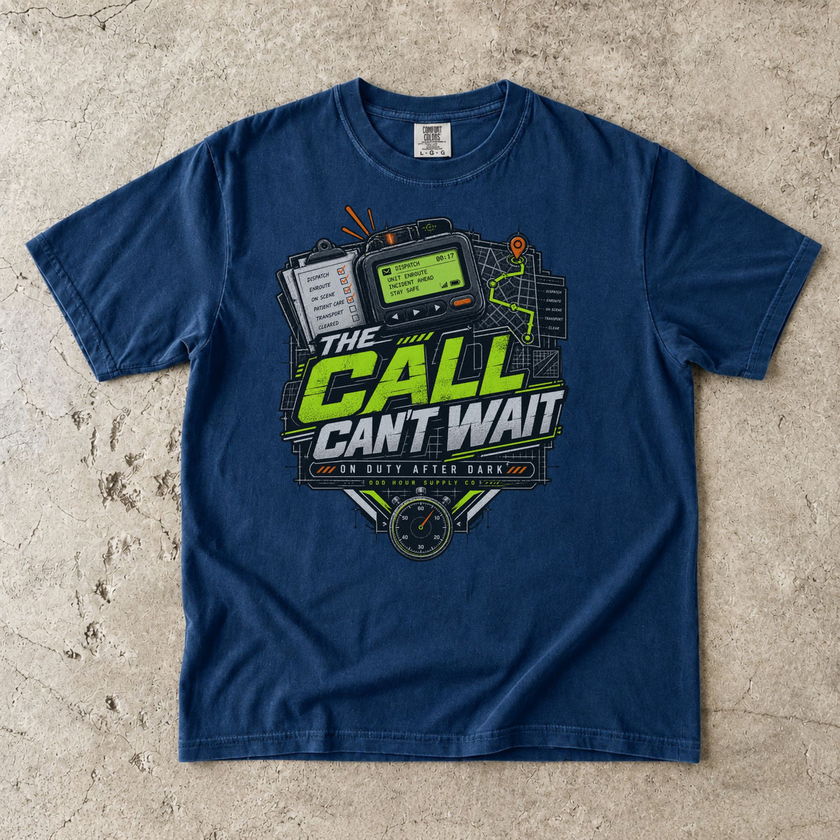 Navy Comfort Colors 1717 T-shirt with The Call Can't Wait graphic, lime-green lettering, dispatch device, route map and stopwatch.
