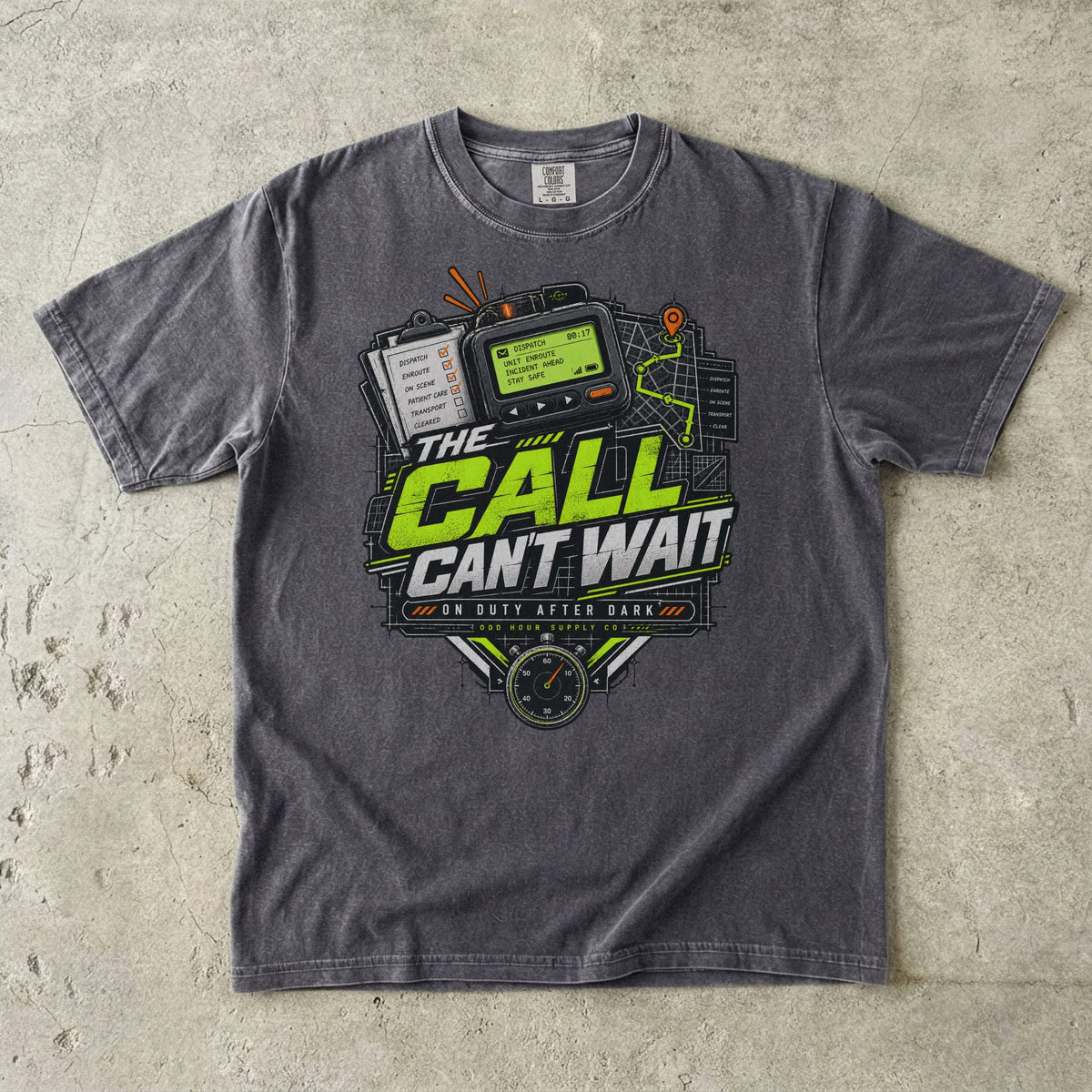 Pepper Comfort Colors 1717 T-shirt with The Call Can't Wait graphic, lime-green lettering, dispatch device, route map and stopwatch.