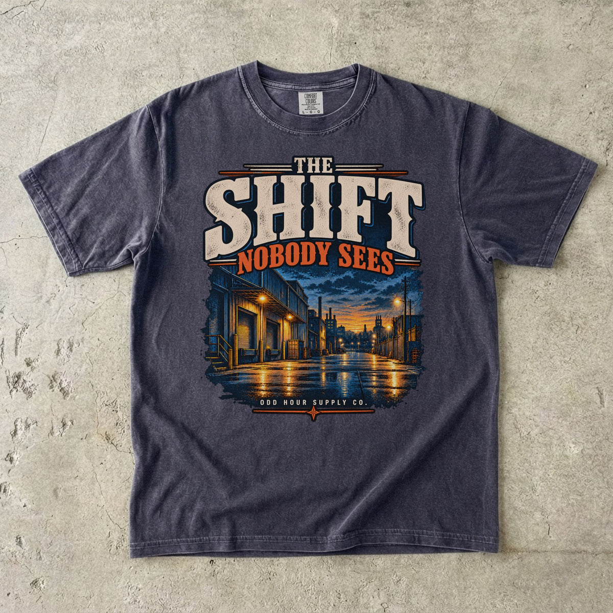 The Shift Nobody Sees T-shirt in Graphite, Comfort Colors 1717 front view