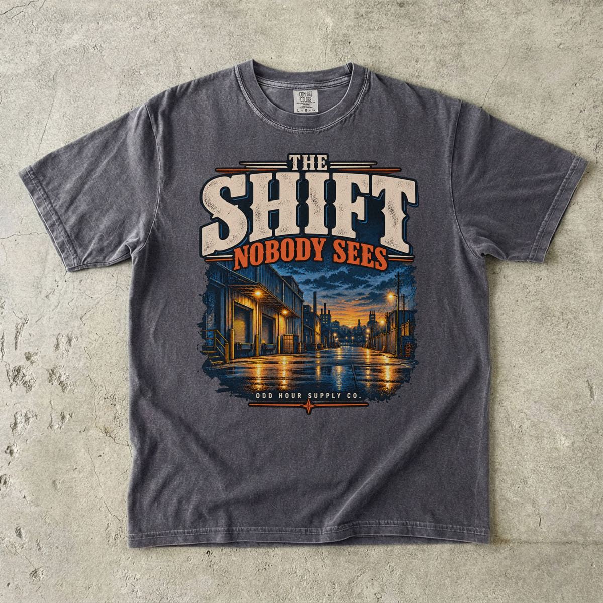 The Shift Nobody Sees T-shirt in Pepper, Comfort Colors 1717 front view