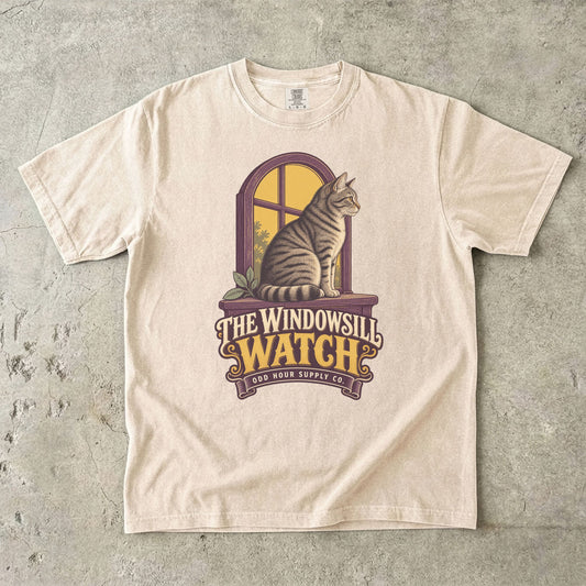 Ivory Comfort Colors 1717 T-shirt with The Windowsill Watch graphic, front view