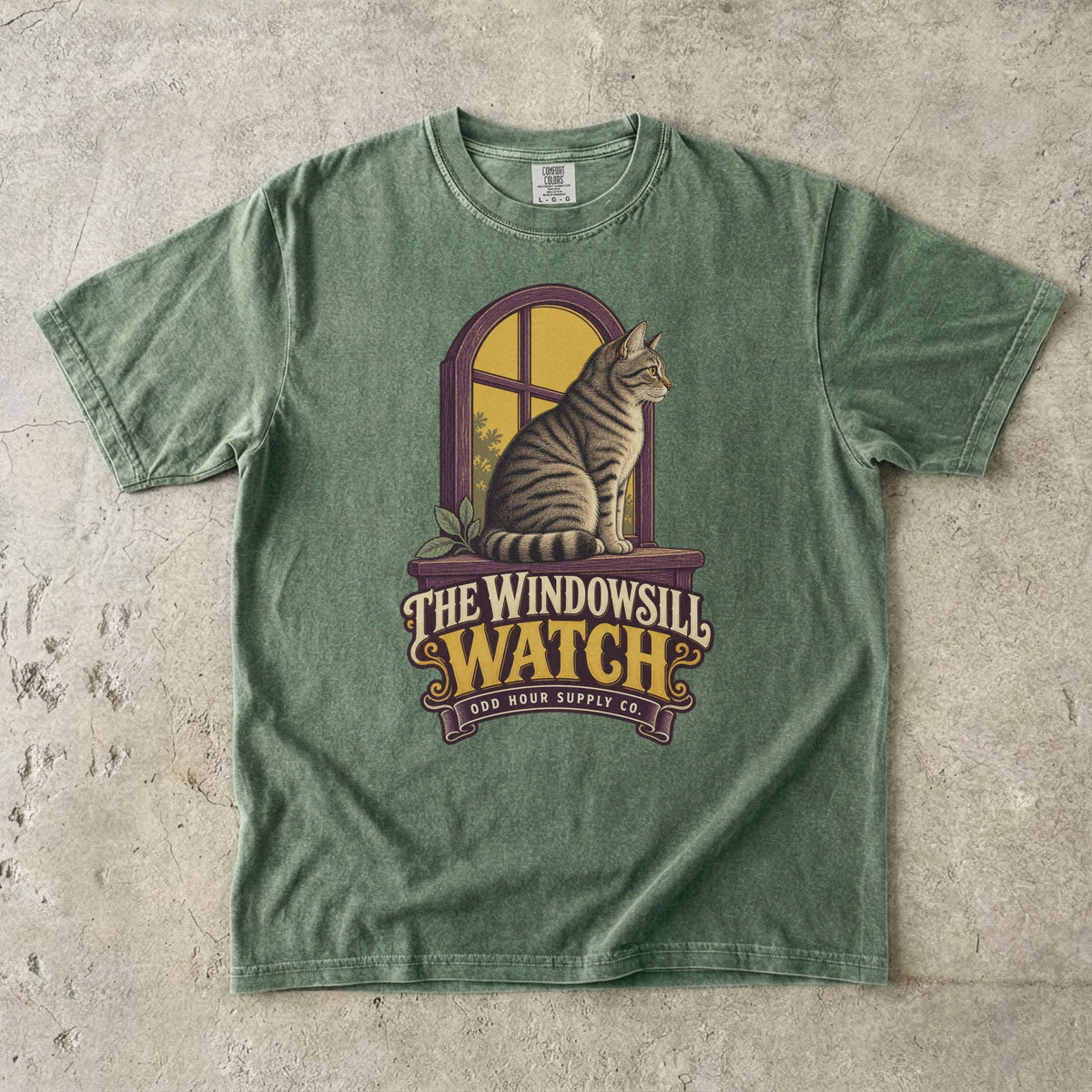 Moss Comfort Colors 1717 T-shirt with The Windowsill Watch graphic, front view