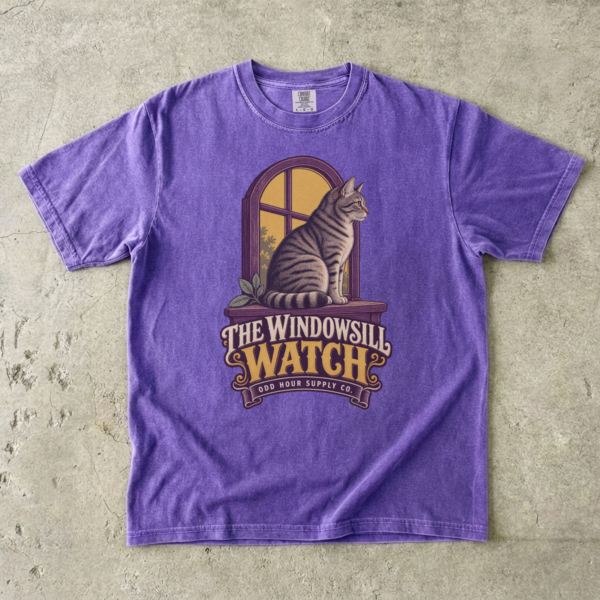 Violet Comfort Colors 1717 T-shirt with The Windowsill Watch graphic, front view