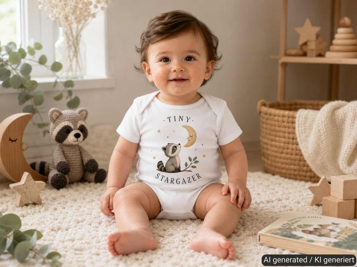 Tiny Stargazer Raccoon Baby Bodysuit lifestyle photo