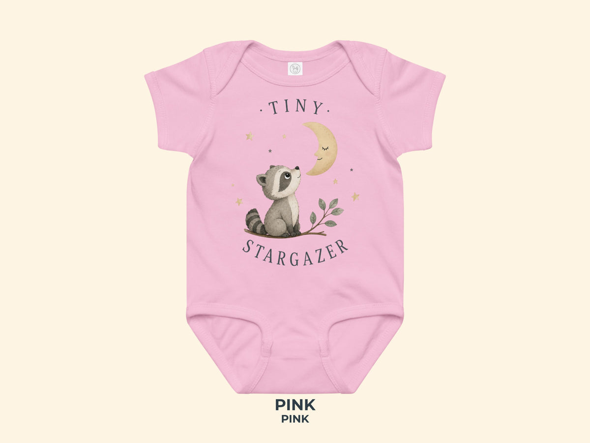 Tiny Stargazer Raccoon Baby Bodysuit in Pink