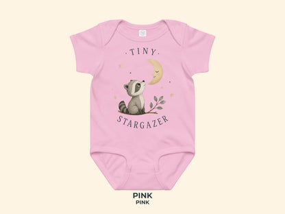 Tiny Stargazer Raccoon Baby Bodysuit in Pink